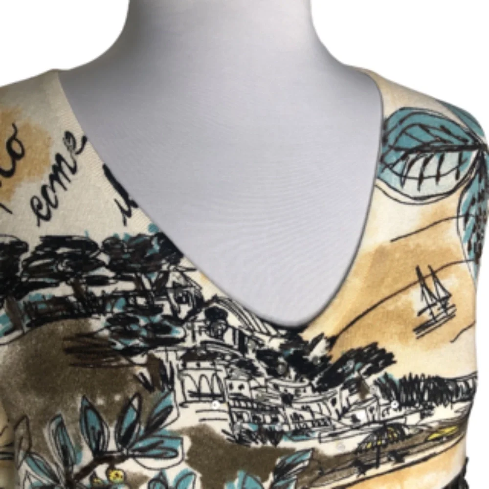 Perri NY Beaded Sequin V-Neck 3/4 Sleeve Pullover Garden Print Sweater Size L